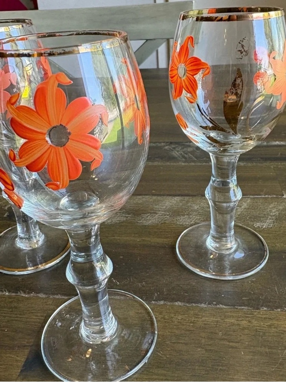 Hand-Painted Orange Floral Stemmed Glasses with Gold Rim